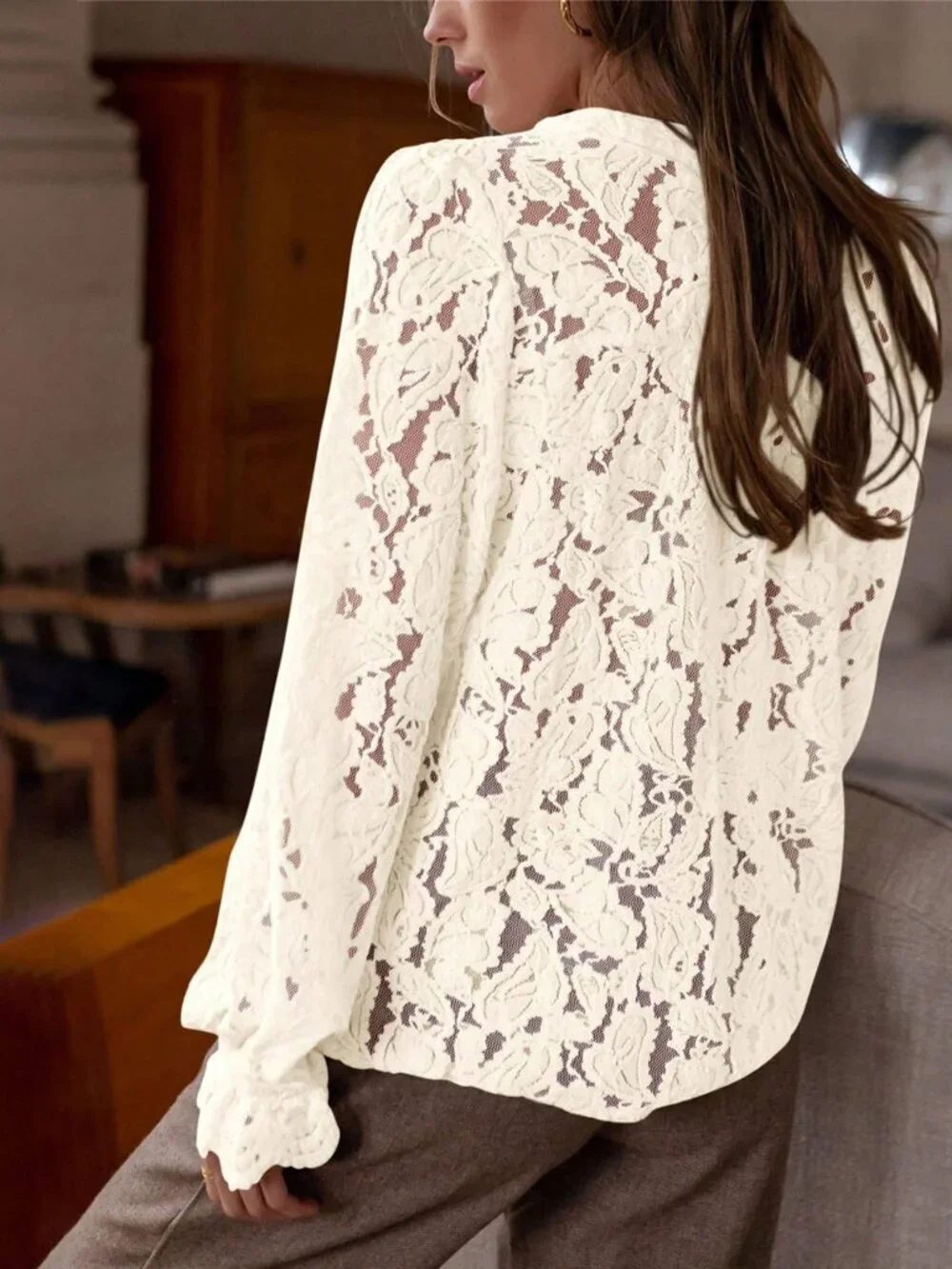 Apricot Elegant Women's Casual Lace Long Sleeve Blouse Top - Picture 2 of 5